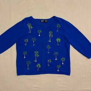 Marissa Studio Vintage Royal Blue Cardigan with Beaded Palm Trees Size Large